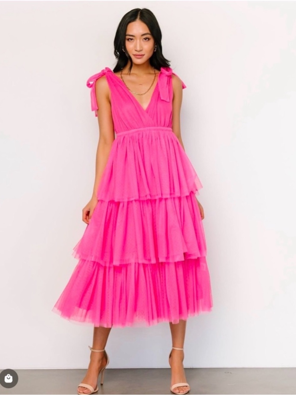 Baltic Born Pink Tiered Tulle Midi Dress with Tie Shoulders